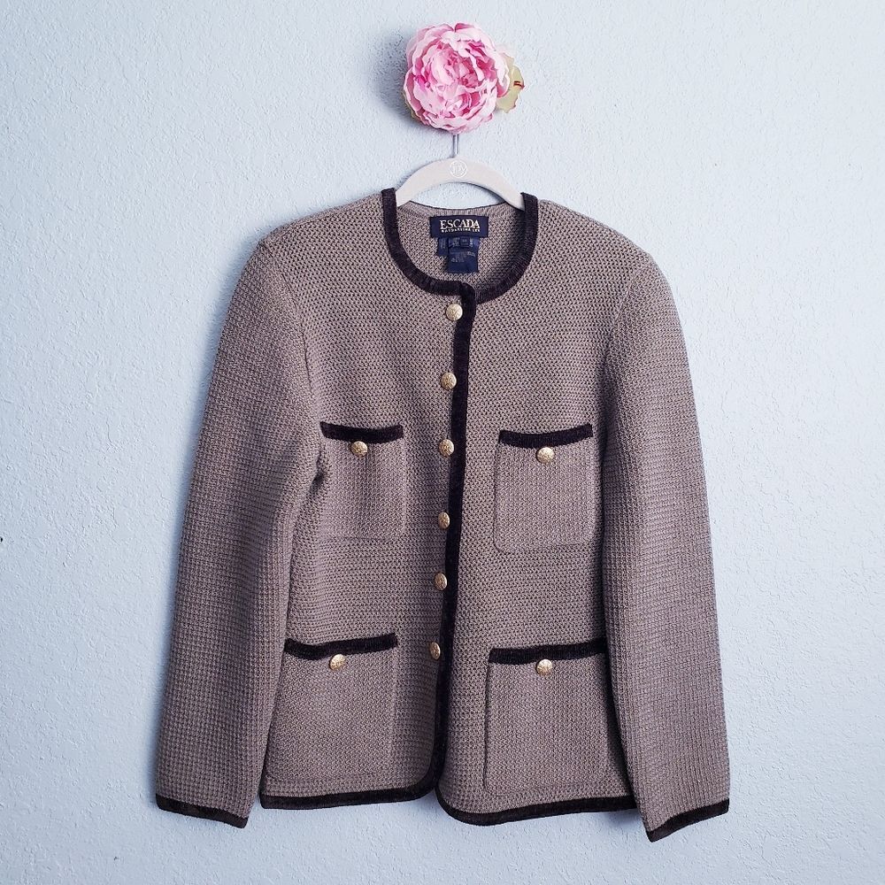 Escada Brown Knit Velvet Trim Heart Elbow Patch Blazer
